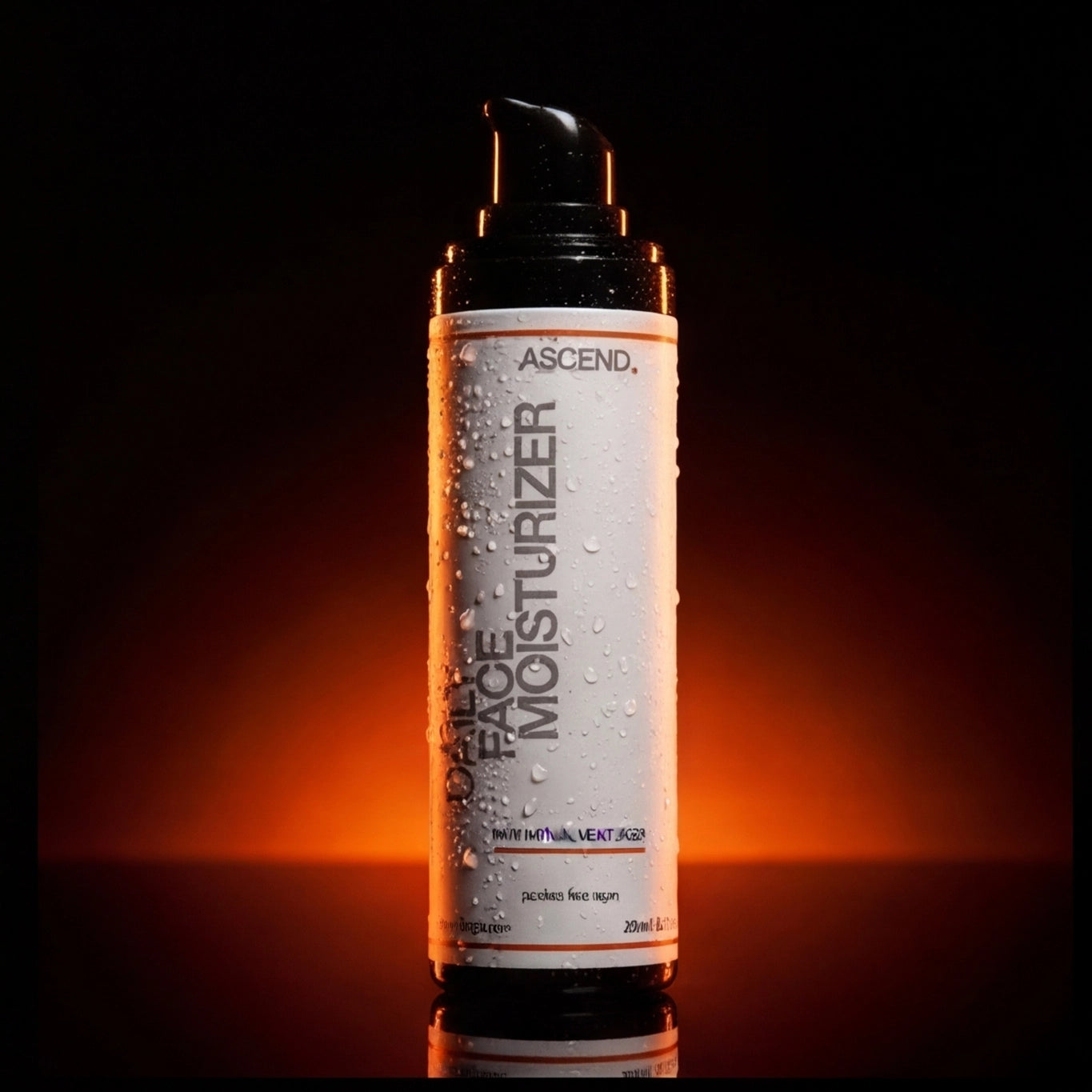 ASCEND Daily Face Moisturizer bottle standing upright with water droplets against a dark, orange-lit background.
